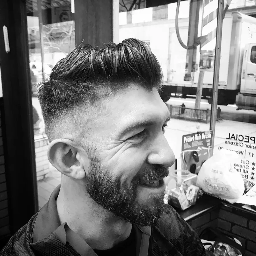 Textured quiff and beard trim, shot in the shop window on W 23rd St